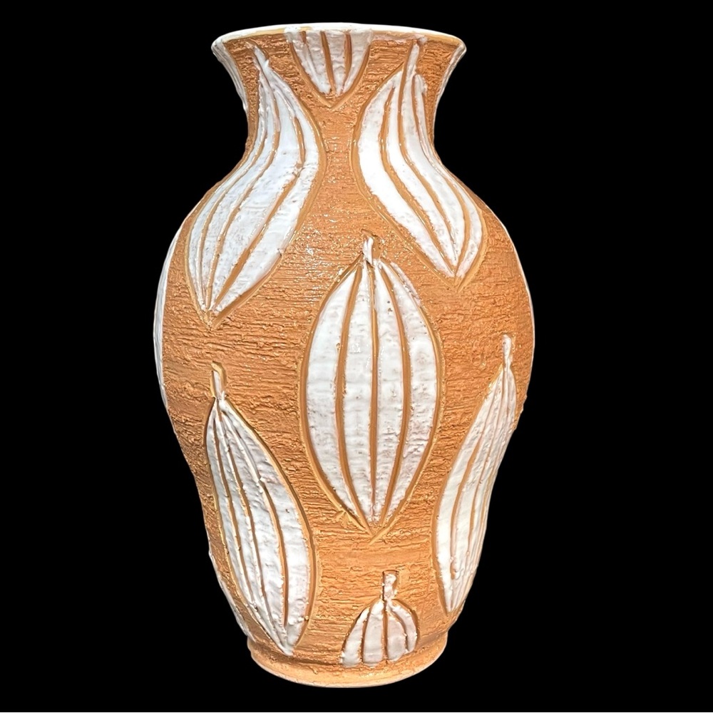 Vintage 1950s Fratelli Fanciullacci Italian Pottery Art Vase - Beige White Leaf